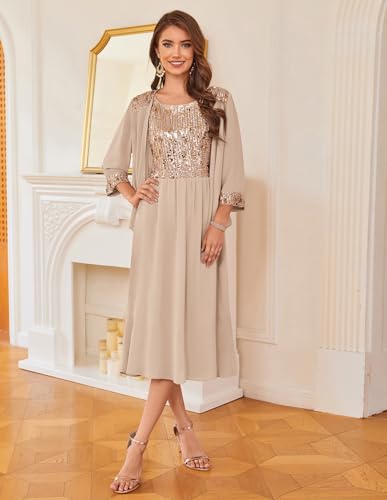 GRACE KARIN Wedding Guest Dress Mother of The Bride Dresses Two Piece Formal Sequin Dress with Jacket Tea Length 20254