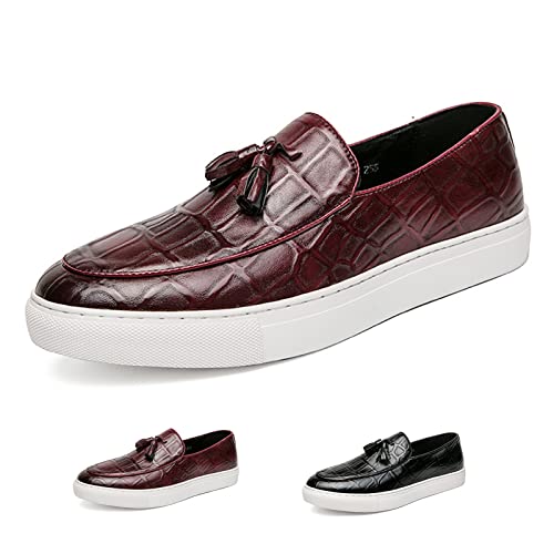 WENOREG Men's Leather Tassel Flat Slip-On Comfort Loafers,Fashion Round Toe Faux Crocodile Grain Flat Heel Anti-Slip Resistant Walking Causal Work Driving Party Shoes