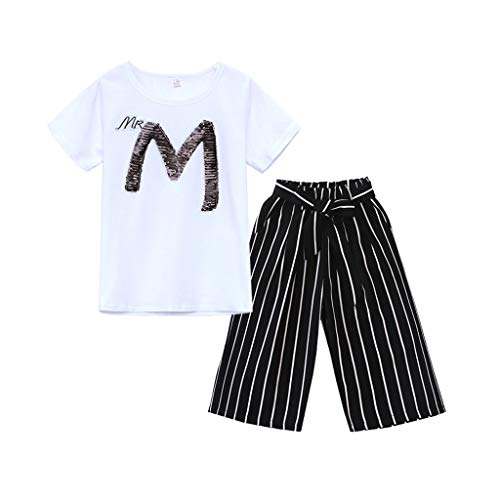 Girls Outfits&Set,Teen Kids Girls Letter Sequin T-Shirt Short Sleeve Tops Stripe Pants Outfits Set,for Easter Day Child Clothes Gifts(White,9-11 Year)
