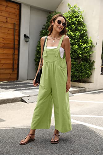 Qibabu Womens Bib Cotton Overalls Baggy Fashion Sleeveless Wide Leg Jumpsuits Casual Summer Strap Long Rompers With Pockets(1666-Lime-Xl-Qb) #TOP4