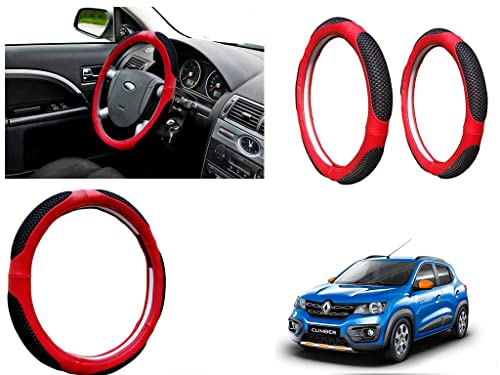 Image of Microfiber Car Steering Wheel Cover, Soft Padding Great Hand Feel, Anti-Slip, Faux Leather Steering Cover for Renault Kwid Climber | Black Red Jali - Pack of 1