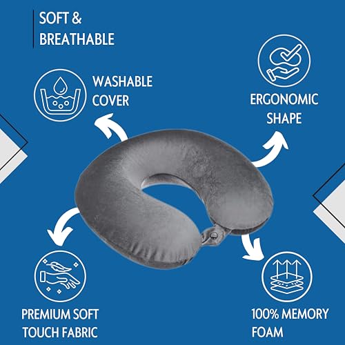 Image of BLISSCLOUD Memory Foam Travel Pillow for Neck Support with Supersoft Eye Mask for Sleeping with Adjustable Strap Combo, Full Comfert & Relaxing Travel Pillow & Eye Mask for Travel & Sleeping - Grey
