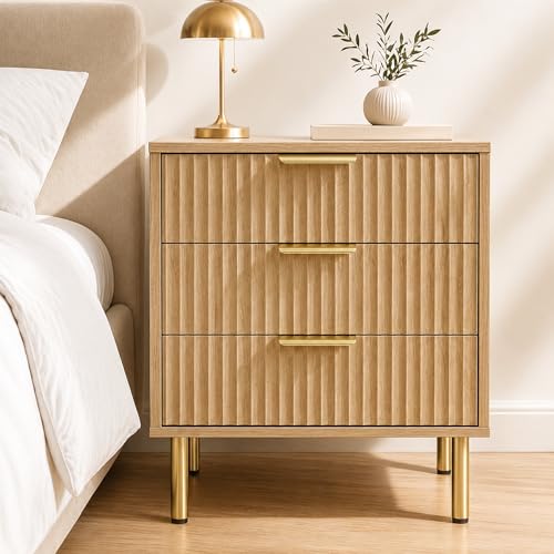 RIHHA Natural Oak Fluted Wood Nightstand with 3 Drawers 24 Tall Bedside Table with Gold Handles Japandi Ribbed Side Table for Bedroom
