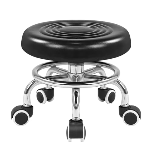 Image of KKTONER Black Roller Seat PU Leather Rolling Stools with Wheels Nail Stool for Home Work Office Shop Step Stool (Black)