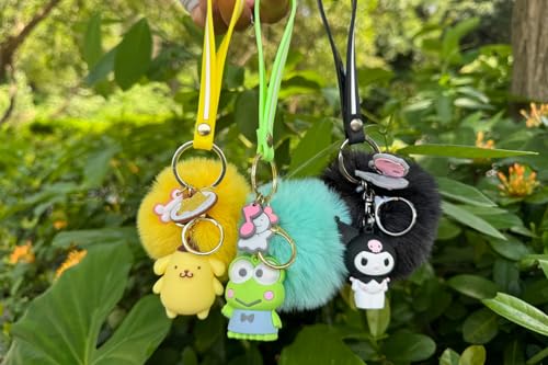 Cute Keychains for Girls, Kawaii Pom Pom Fuzzy Key Chain Accessories Wristlet Cartoon Keychain4