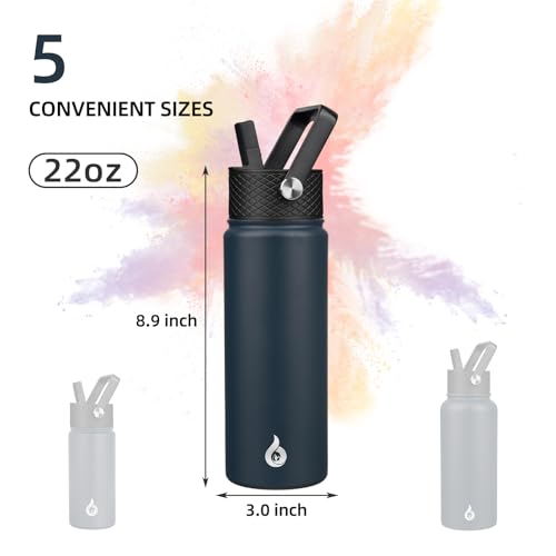 Image of BJPKPK Insulated Water Bottles with Straw Lid, 22oz Cold & Hot Thermo, Stainless Steel Metal Water Bottle with 3 Lids, Reusable Thermo, Cups, Mugs for Daily Use-Navy Blue