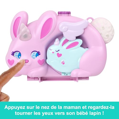 Polly Pocket Coffret de Voyage Lapin avec 2 Mini-Figurines et 12 Accessoires, Dont des Animaux de Compagnie, Coffret Sac à Main 2 en 1 thème Lapin Licorne