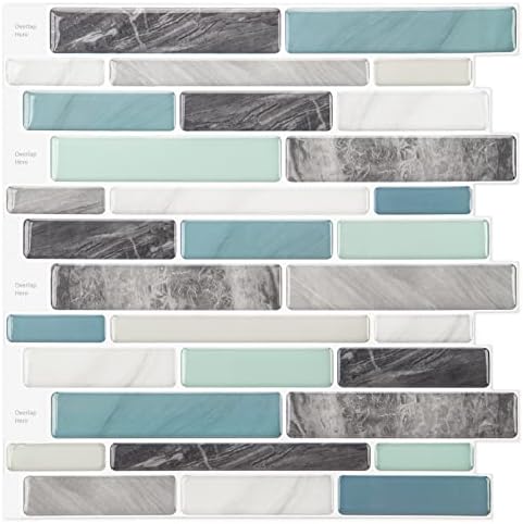 WOWSTAR 10-Sheet Peel and Stick Backsplash Tiles, Marble Look Stick on Tiles for Kitchen, 11.5"x11.5" (Grey and Blue)