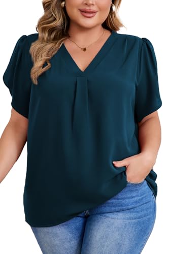 Women's Plus Size Casual Blouses Solid Business Work Tops Petal Short Sleeve V Neck Loose Fit T...
