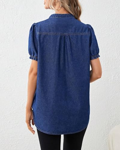 Womens Denim Shirt Casual Button Down V Neck Blouses Puff Short Sleeve Summer Jean Tops2