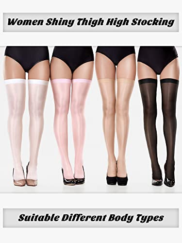 Geyoga 4 Pairs Shiny Thigh High Stockings Shimmery Silk Sheer over the Knee Stockings for Women Halloween Cosplay 7