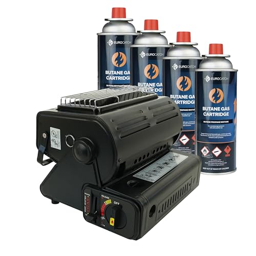 Eurocatch Calefactor de gas - Incl. 4 Bombonas de gas - Estufa - Calentador de patio - Calentador Portátil - Ajustable - Butane