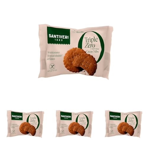 SANTIVERI - Galletas Nibs Cacao Triple Zero, Galletas Crujientes con Avena Integral y Cacao, Altas en Fibra, Sin Edulcorantes, Sin Azúcar Añadido Ni Gluten, Vegano - 3 Unidades, 28 g (Paquete de 4)