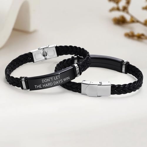 Leather Bracelet Sobriety Gifts for Men : Inspirational Quote/Bible Verse Engraved Braided Black Mens Bracelet for Him, Customized Religious Christian Gift Jewelry for Son/Dad/Boys/Boyfriend/Husband2