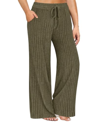 CARCOS Plus Size Pants for Women 2X Green Ribbed Knit Palazzo Pants Elastic High Waisted Sweatpants Wide Leg Lounge Pants Casual Loose Drawstring Trousers with Pockets 2XL 18W 20W