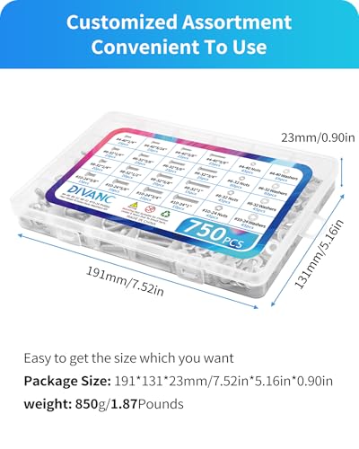 DIVANC 750Pcs Nuts and Bolts Assortment Kit, 10-24#8-32#6-32#4-40 Phillips Pan Head Assortment Stainless Steel Bolts Nuts Flat Washers Nuts Bolts, Hardware Assortment Kit (Phillips Pan Head) - Image 7