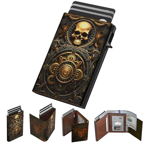 Image of typecase Mens Wallet Card Holder: Pop Up Aluminum Case, Carbon Fiber Leather, Smart, RFID Blocking, Slim, Minimalist, Front Pocket - 9-14 Card Capacity | ID Window | Cash Slot (Skull)