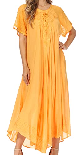 Image of Sakkas Egan Long Embroidered Caftan Dress /Cover Up with Embroidered Cap Sleeves