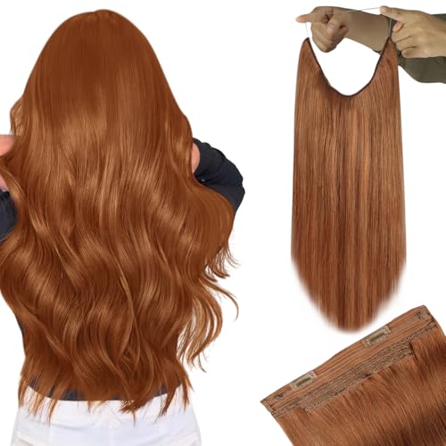 Image of YoungSee Copper Wire Hair Extensions Real Human Hair Colored Copper Invisible Wire Hair Extensions for Women Dyable Fish Line Hair Extensions 20inch 105g