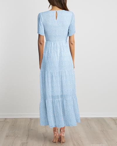 Image of BTFBM Women Casual Short Sleeve Crew Neck Summer Dress Bohemian Floral Printed Flowy Maxi Dresses Tiered Cocktail Dress