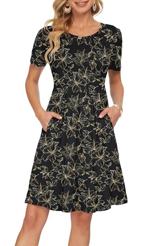 Image of AUSELILY Women's Short Sleeve Pleated Swing Summer Dress with Pockets | Knee-length short sleeve dress, empire waist & pockets, ideal for casual daily wear and vacation
