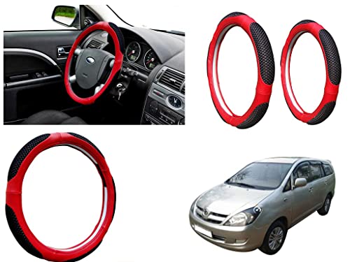 Image of Microfiber Car Steering Wheel Cover, Soft Padding Great Hand Feel, Anti-Slip, Faux Leather Steering Cover for Toyota Innova 2005 2012 | Black Red Jali - Pack of 1