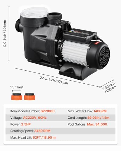 VEVOR Above Ground Pool Pump, 2.5 HP, 148 GPM Max Flow Single Speed Swimming Pool Pump, 220V 3450 RPM 62 ft Max Head Lift with PP Shell Strainer Basket, 122°F Max Water Temperature, for Hot Tubs Spas