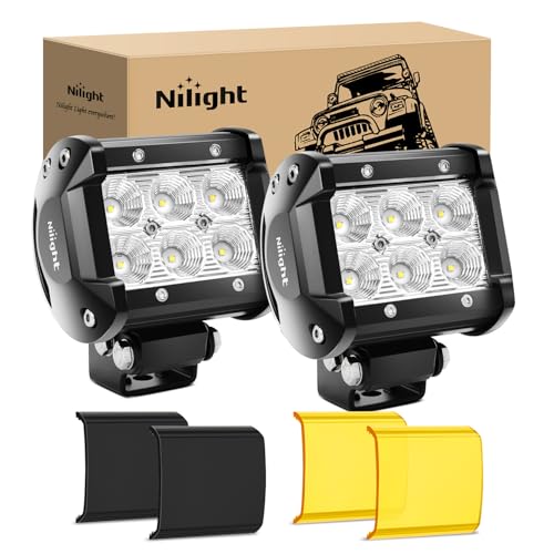 Image of Nilight LED Light Pods with Yellow Black Covers 2 PCS 18 W 1260LM | Flood Beam, Super Bright Off Road Driving Fog Boat Lighting for Trucks Pickup Golf Cart SUV ATV UTV 4x4 Van Camper