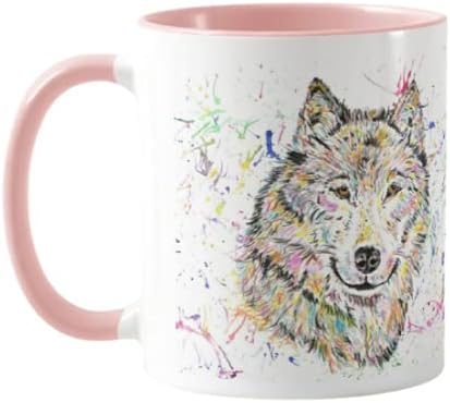 Vixar Wolf Watercolour Rainbow Art Coloured Mug Cup, Gift, Birthday, Work, Office, Christmas Tea Coffee (Pink)