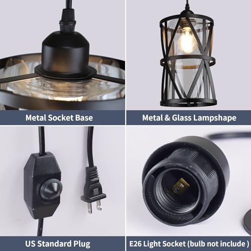 DLLT Industrial Plug in Pendant Light, Black Cage Glass Swag Lamp with Plug in Cord, Dimmable Hanging Light Fixtures for Kitchen Island/Dining Room/Bedroom/Hallway/Sink,E26 Base(Bulb Not Included)
