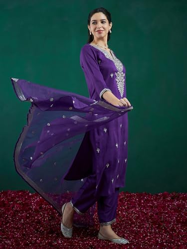 Image of INDO ERA Women's Embroidered Silk Blend Calf Length Straight Kurta Trouser With Dupatta Set