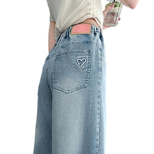 Tween Girls Wide Leg Jeans, Elastic Waistband Casual Denim Pants with Heart-Shaped Embroidery Pockets for Girls3