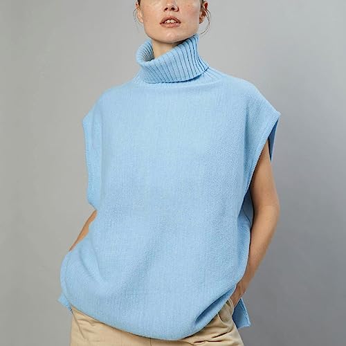 Image of Sdencin Women Turtleneck Oversized Knitted Sweater Vest Sleeveless Split Hem Solid Loose Fit Pullover Tank Top Knitwear(L,Blue)