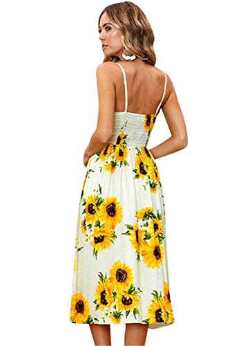Image of YMING Womens Summer Spaghetti Strap Dresses Button Down Floral Sundress High Waist Swing Midi Dress with Pockets
