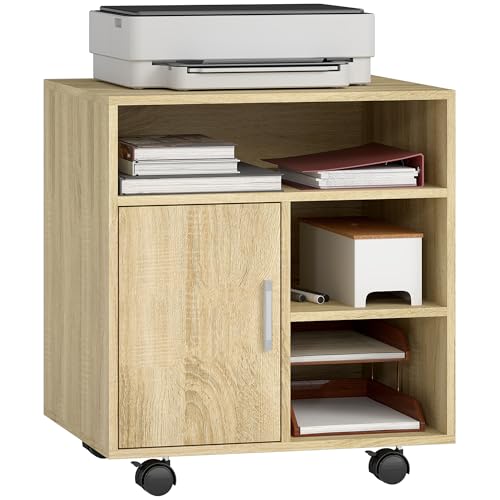 HOMCOM Mueble para Impresora con Ruedas, Soporte de Impresora con Compartimentos Abiertos y Puerta, para Oficina, Hogar, Estudio, 60x50x65,5 cm, Natural