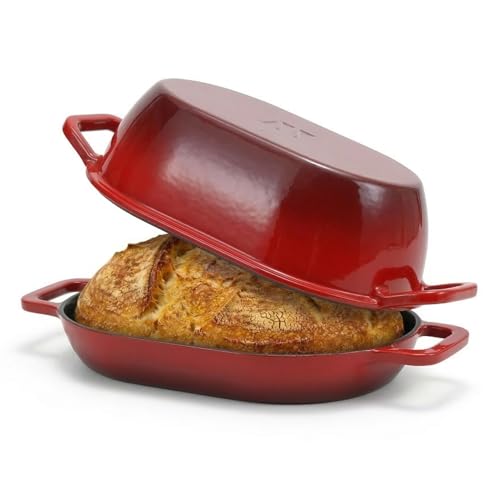 Northriver Casting 5 Qt Enameled Cast Iron Oval Dutch Oven for Bread Baking – 12"x8" Red Enamel Bread Pot with Deep Lid & Shallow Base, Ideal for Sourdough, Artisan Loaves & Family Meals, Oven Safe