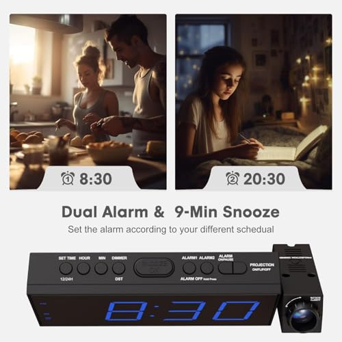 OnLyee Projection Alarm Clock for Bedroom, LED Digital on Ceiling Wall with USB Phone Charging, Battery Backup, 180° Rotatable Projector & Dimmer, 12/24H, DST, Snooze, Dual Loud Bedside Heavy Sleeper