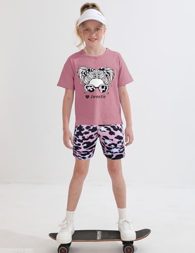 Image of mksodopy Girls Summer Clothse Graphic Print Front and Back High and Low Irregular T-shirt Cycling Shorts Set