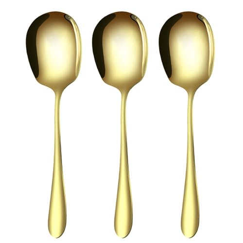 PLUSHCEWT 3 Pieces Gold Stainless Steel Serving Spoons Set – Large Buffet Serving Spoons for Soup, Salad and Entrees, Elegant Tableware for Banquet, Parties and Everyday Use, Dishwasher Safe