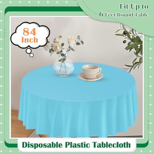 Image of Light Blue 14 Pack 84 Inch Plastic Tablecloths, Disposable Round Plastic Tablecloth, Party Table Cover Plastic Table Cloth
