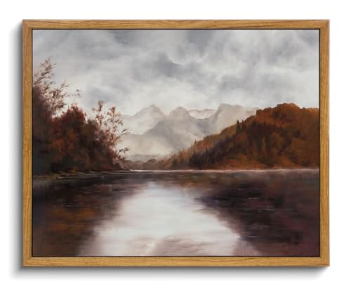 Image of KISSFOX Framed Wall Art Vintage Wall Art Autumn Lake Scenery Canvas Art Forest Pictures Moody Paintings Fall Artwork Farmhouse Prints For Bedroom Kitchen Living Room