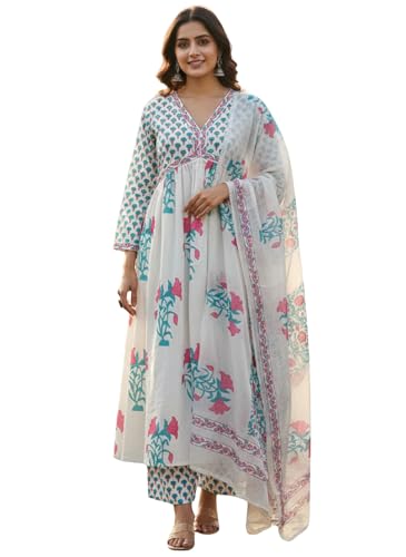 Image of Leriya Fashion Kurta Sets for Woman | Kurti Set for Woman | Anarkali Suit for Women | White Kurta Set for Women with Dupatta | Traditional Anarkali Salwar Suit for Party Outfits Kurtis