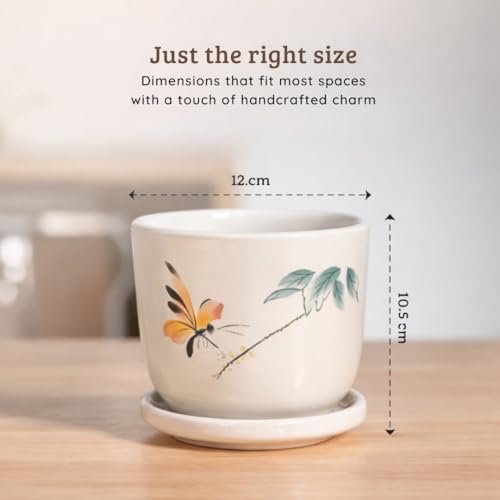 Image of Urban Upvan Green Leaf Design Printed Ceramic Pot with Tray - Premium Decorative Planter for Indoor & Outdoor Plants, Modern Elegant Flower Pot for Home, Garden & Office