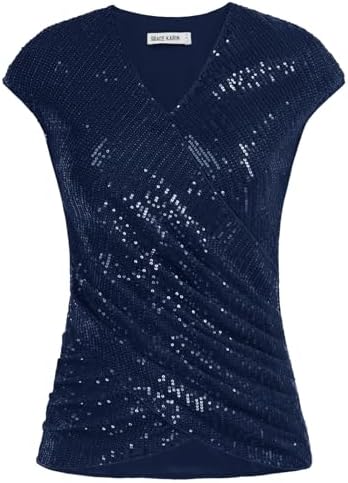 GRACE KARIN Womens Sequin Top Glitter Sparkly Shirt V Neck Cap Sleeve Twist Front Club Party Shimmer Blouse