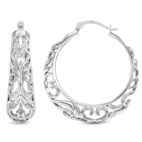 LeCalla 925 Sterling Silver Chunky Hoop Earrings | Filigree Mesh Heart Click Top Hoops for Women4