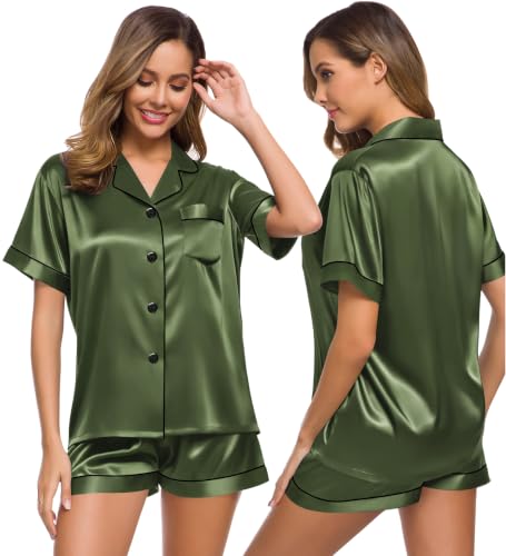 Image of SWOMOG Womens Silk Satin Pajamas Set Short Sleeve Sleepwear Button Down Top and Shorts Loungewear 2 Piece Pjs Set XS-3XL