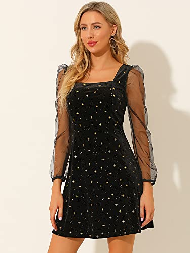 Allegra K Women's Sparkly Glitter Velvet Mesh Sheer Sleeve Star Metallic Dress2