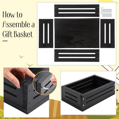 Image of Wonderjune Wooden Baskets for Back to School Gifts Empty Wood Basket with Cellophane Bag Ribbon Greeting Card for Birthday Baby Shower Wedding Housewarming Gifts Packaging(Black,Small)