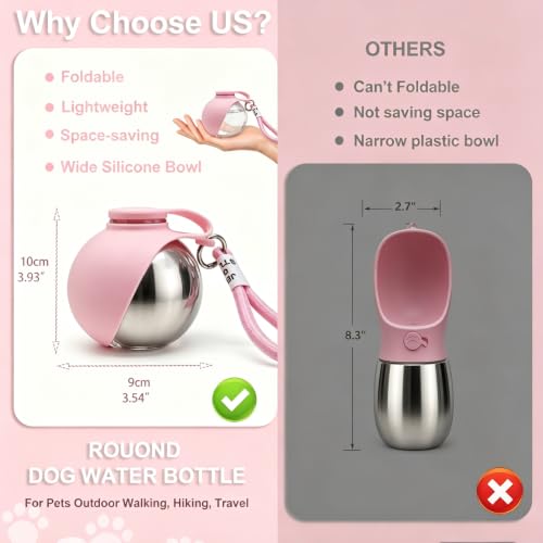Image of Dog Water Bottle Portable, 2in1 Round Dog Water Bowl Stainless Steel 10oz
