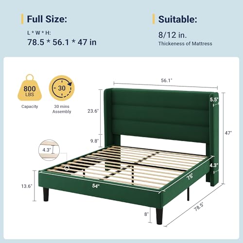 Image of Allewie Full Size Platform Bed Frame with Velvet Upholstered Wingback Headboard, No Box Spring Needed, Under Bed Storage Space, Strong Wooden Slats, Modern Mattress Foundation, Easy Assembly, Green